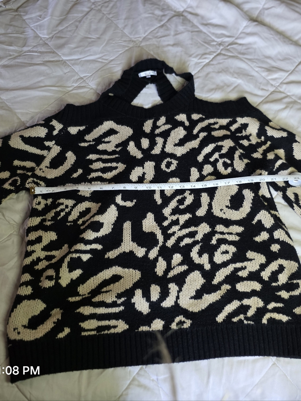 Black & Cream Leopard Cold-Shoulder Sweater Size L